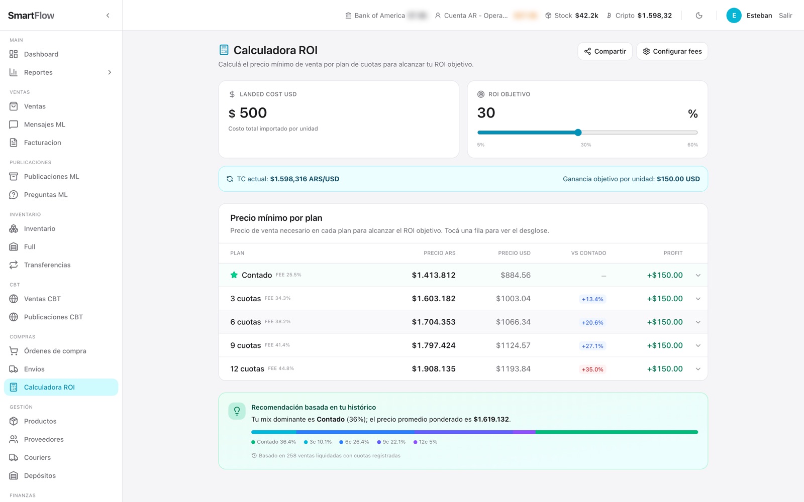 Calculadora de ROI de SmartFlow mostrando landed cost y precio defendible por SKU