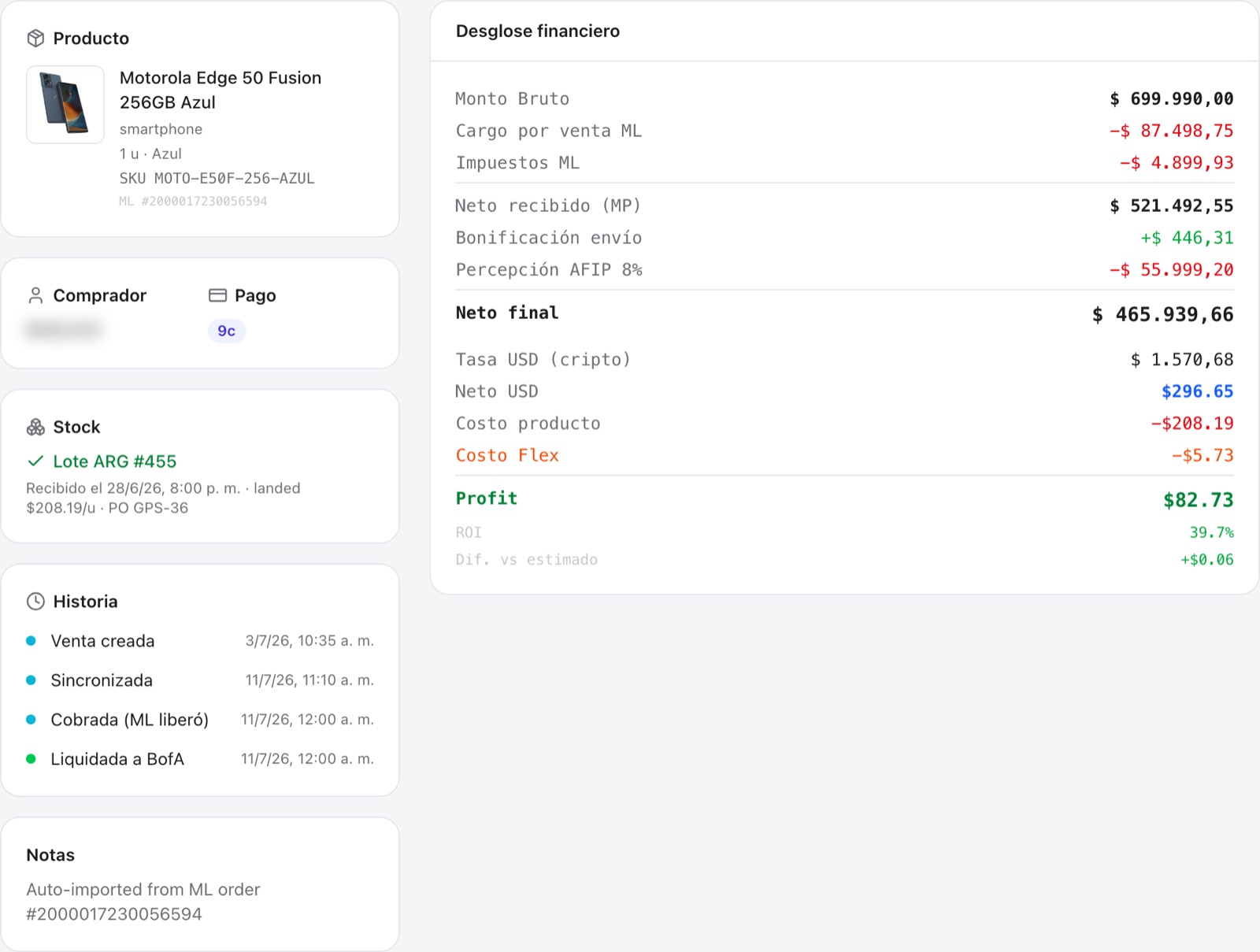 Detalle de una venta liquidada en SmartFlow con profit y ROI de la operación.